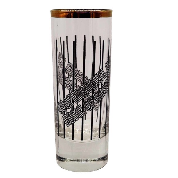 Cooperstown NY Baseball Tall Shot Glass Collectible Souvenir Gold Rim - Picture 1 of 7